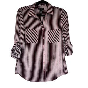Grace The Perfect Fit Long Rollover‎ Sleeve Black Pink Striped  Blouse Size S